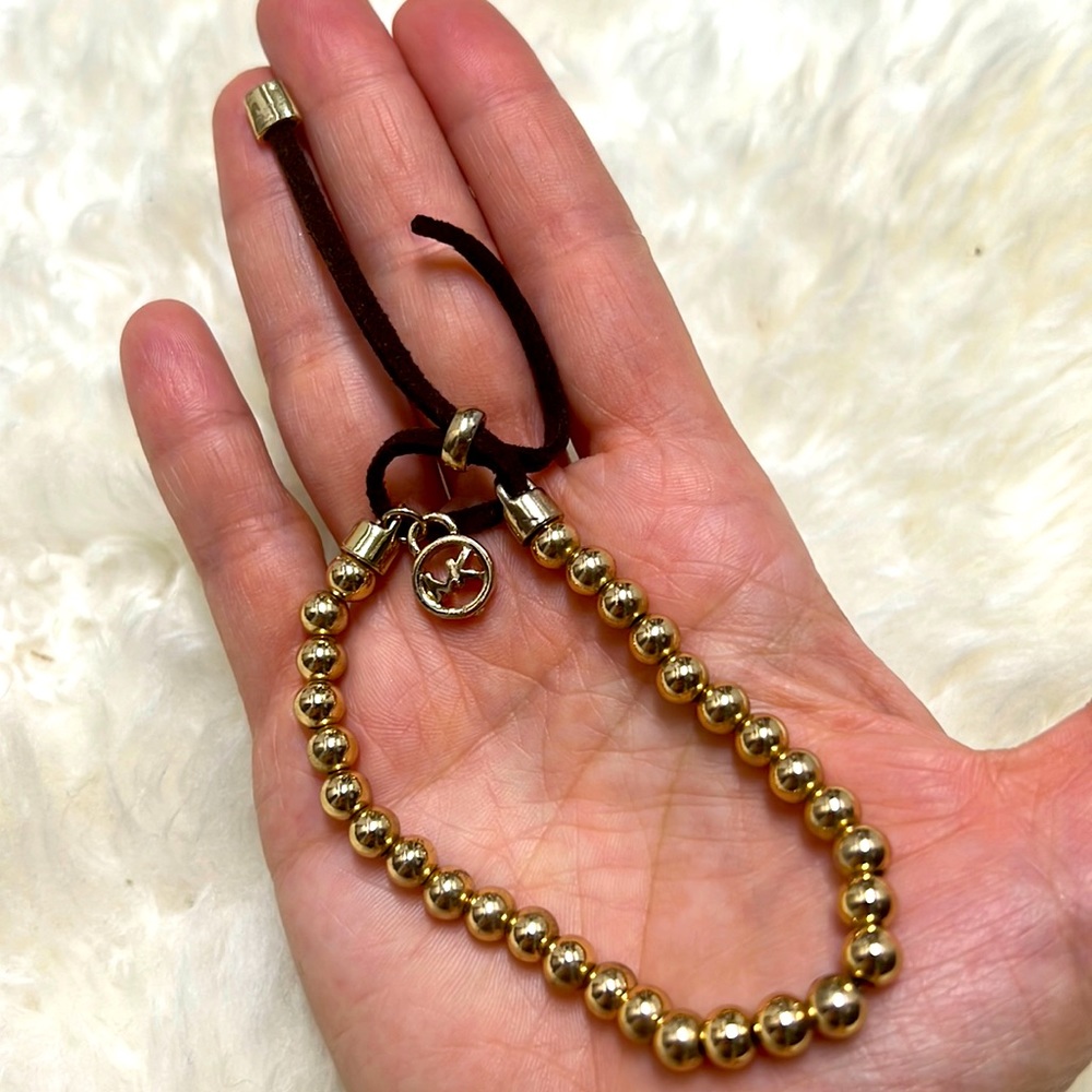 MK Michael Kors Beaded Bracelet Logo Gold Tone Beads